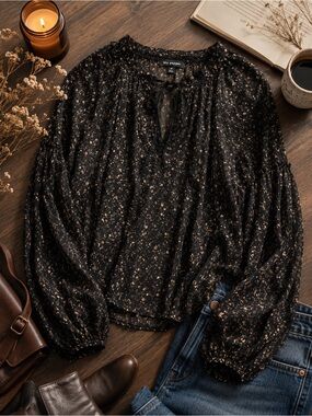 Blu Pepper Sheer Floral Peasant Blouse Black Boho Tie Neck Top